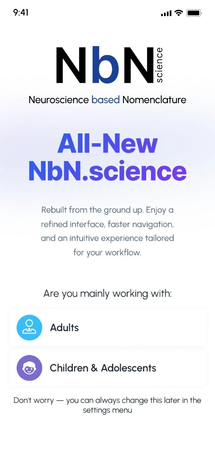 NbN app onboarding screen introducing the redesigned experience and asking whether the user works mainly with adults or with children and adolescents.