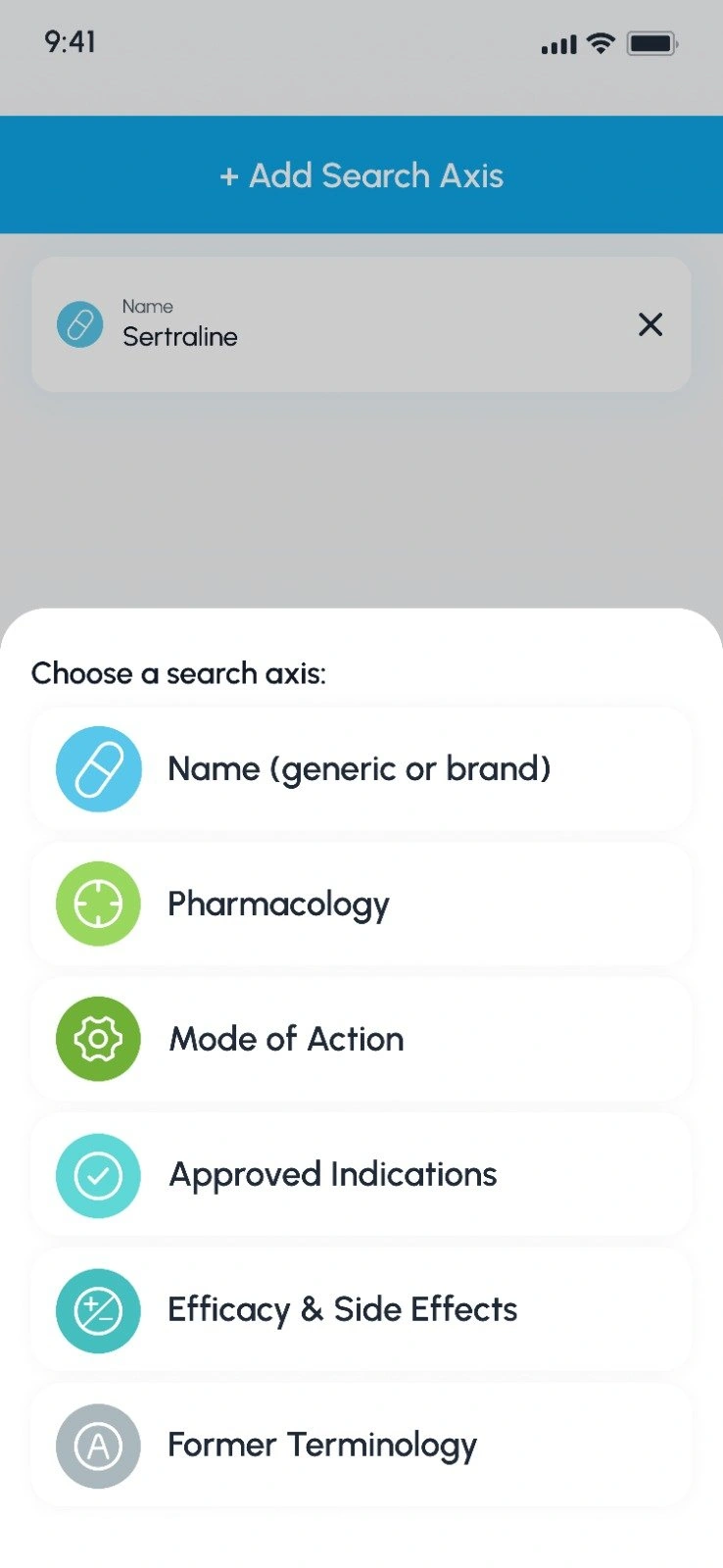 NbN app “Choose a search axis” sheet listing name, pharmacology, mode of action, approved indications, efficacy and side effects, and former terminology.
