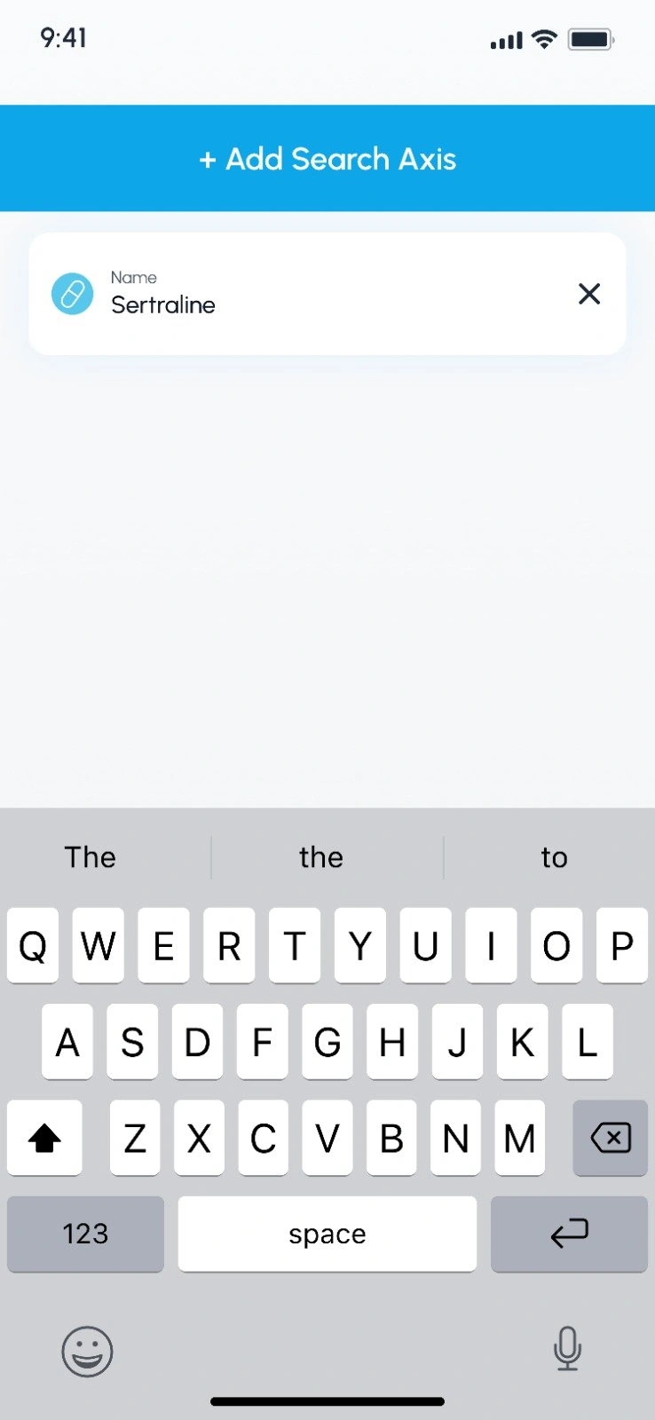 NbN app “Add Search Axis” screen with a name filter applied to the compound sertraline, and the on-screen keyboard open.