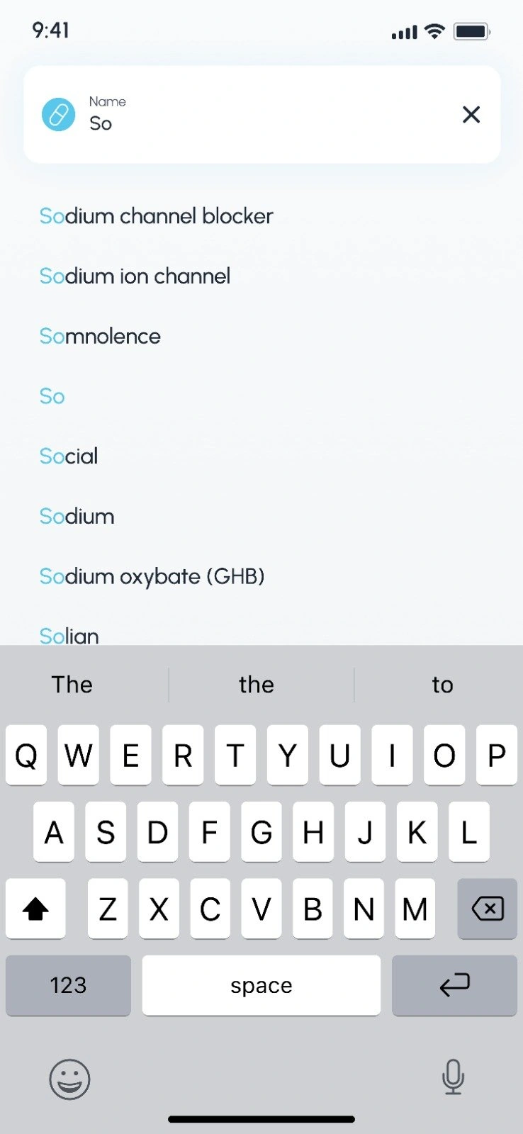 NbN app resolving a partial search term into a live list of matching entries, with the on-screen keyboard open.