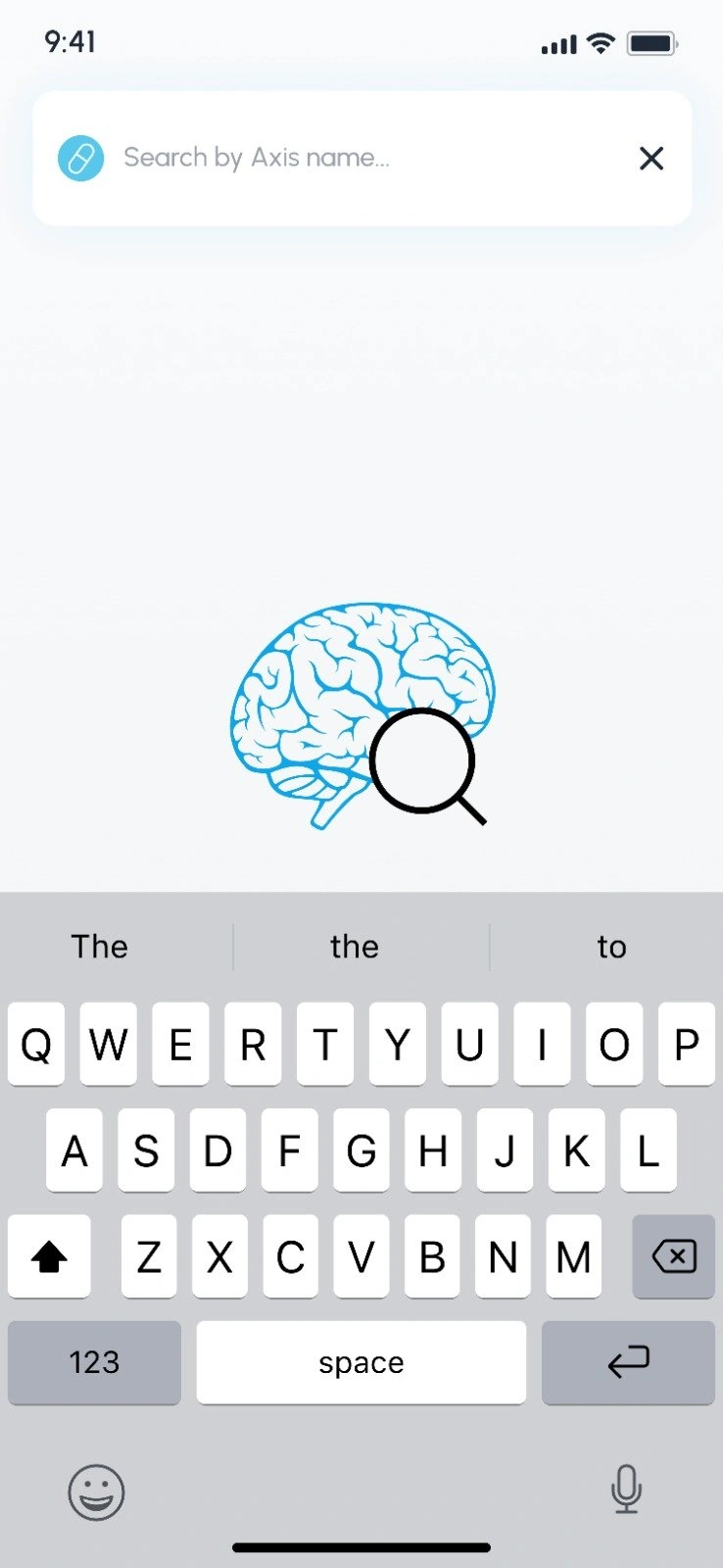 NbN app search screen with the on-screen keyboard open, showing the “Search by Axis name” field above a magnifier illustration.